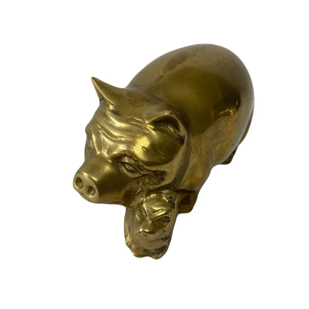 Vintage Solid Brass Pig w/ Piglets Paperweight Figurine 3